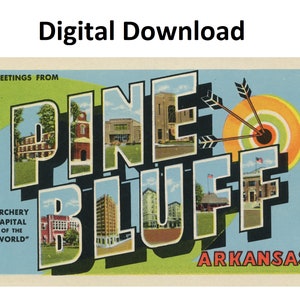 Grüße aus Pine Bluff Arkansas Vintage-Postkarte – digitaler Download zum Ausdrucken – großer Brief, antikes 30er-40er-Jahre-Bild, alte Souvenir-Postkarte