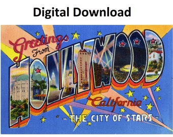 Vintage Hollywood-briefkaart: jaren '30-'40 met grote letters (digitale download)