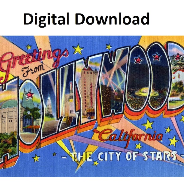 Greetings From Hollywood California Vintage Postcard Style #2 - Digital Printable Download - Large Letter Antique 30s 40s Image Old Postcard