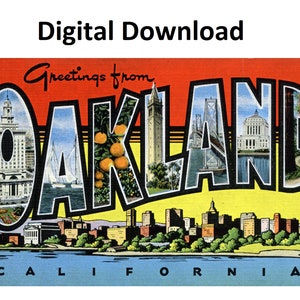 Saudações de Oakland Califórnia Cartão postal vintage estilo # 3 - Download digital para impressão - Carta grande Imagem antiga Cartão postal Art Déco antigo