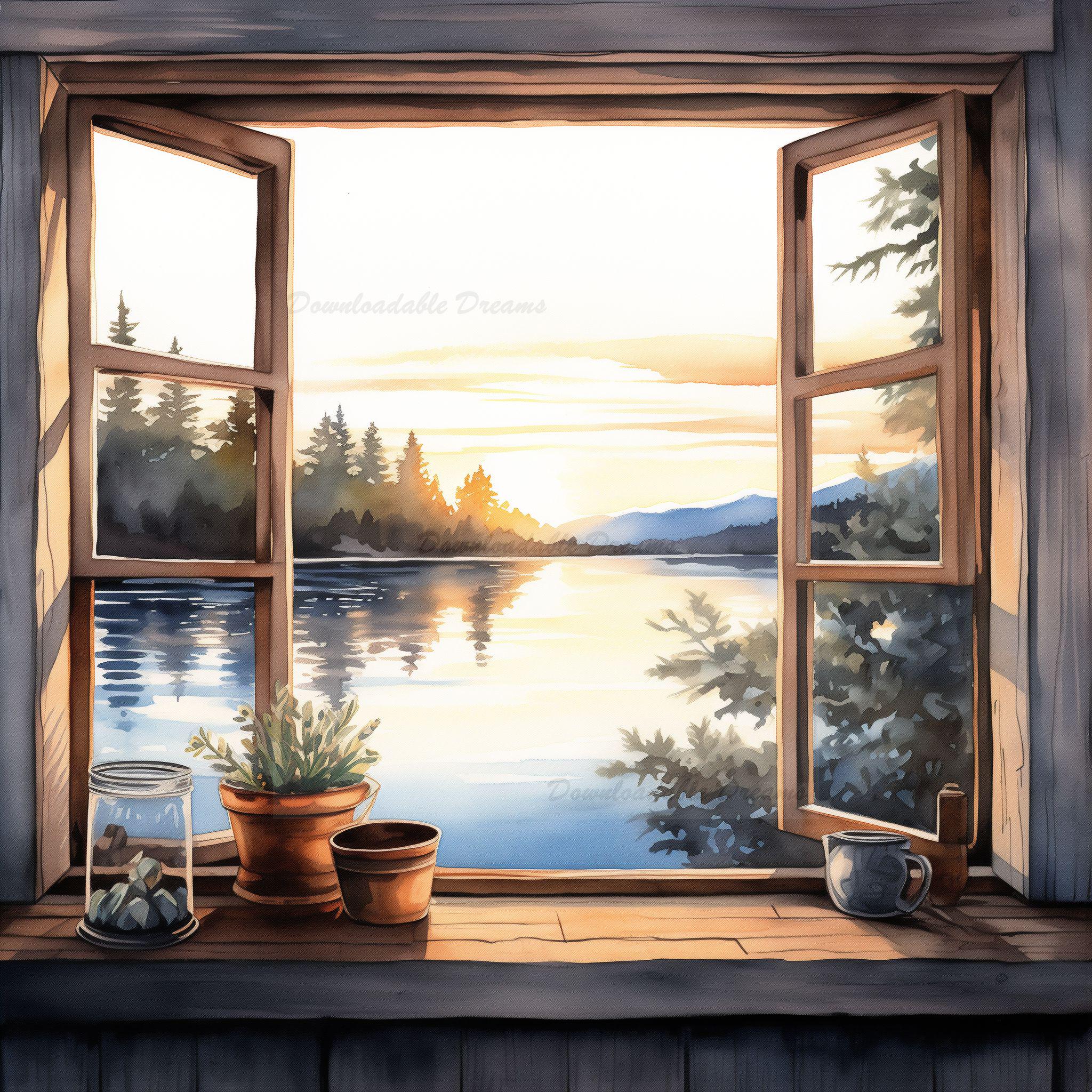 Rustic Lake Cabin Window Clipart: Serene Watercolor Scenes (digital ...
