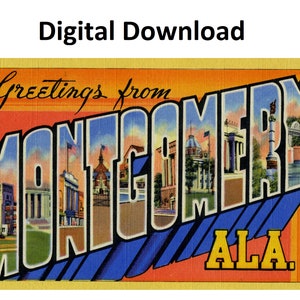 Saluti da Montgomery Alabama Vintage Postcard Style #1 - Download stampabile digitale - Lettera grande antica degli anni '30 e '40 Immagine Vecchia cartolina