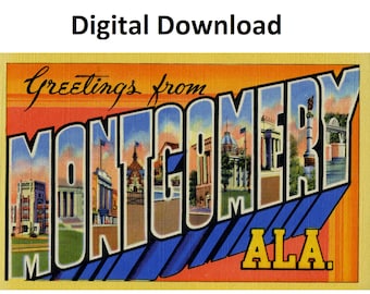 Cartolina d'epoca di Montgomery, Alabama: grandi lettere artistiche degli anni '30-'40 (download digitale)