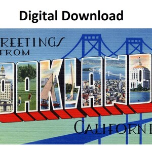 Saudações de Oakland Califórnia Cartão postal vintage estilo # 2 - Download digital para impressão - Carta grande Imagem antiga Cartão postal Art Déco antigo