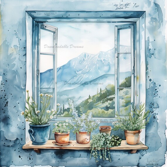 山の景色の水彩画クリップアート：キャビンの窓の風景（デジタル