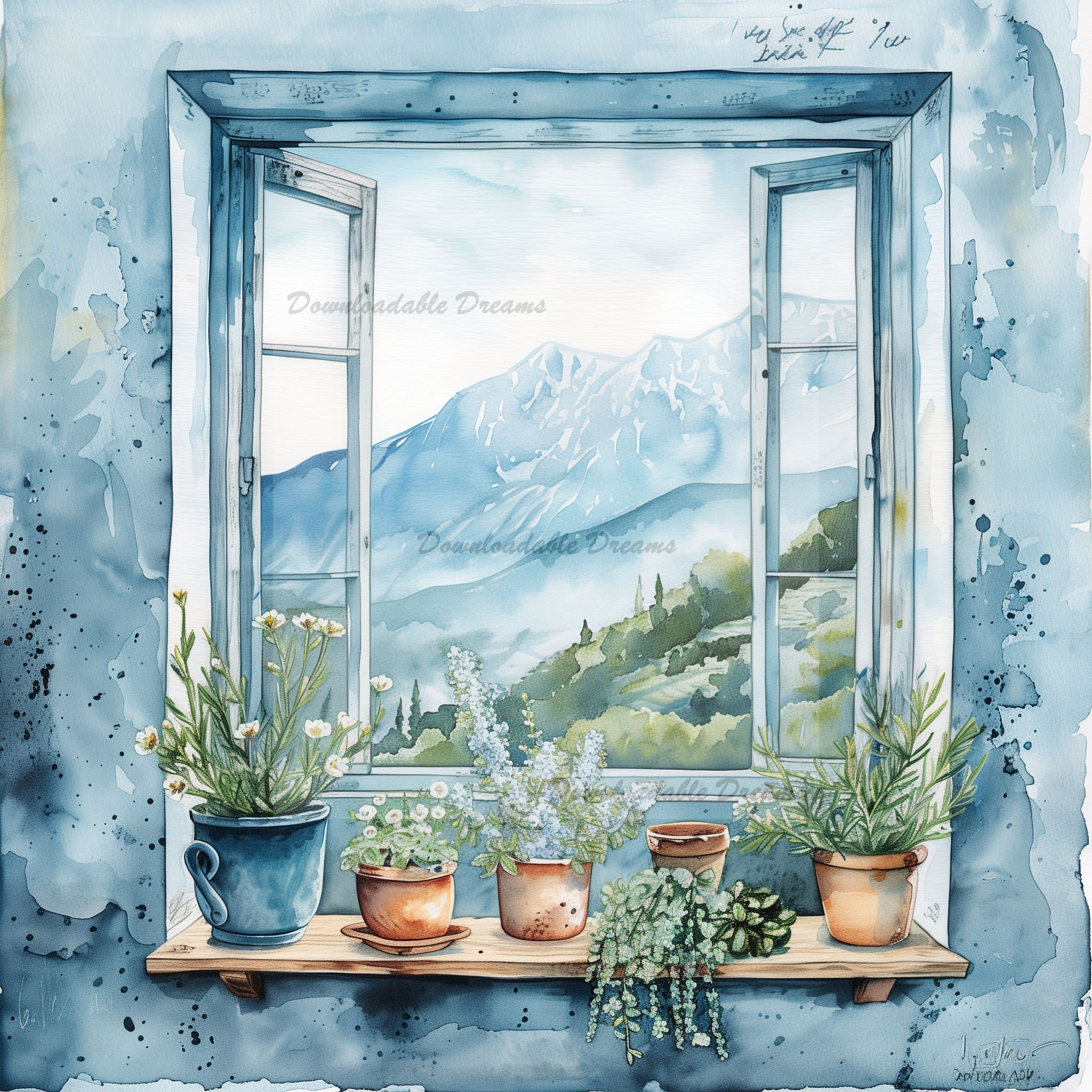 山の景色の水彩画クリップアート：キャビンの窓の風景（デジタル