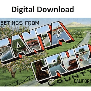 Cartão postal vintage Saudações de Santa Cruz Califórnia - impressão digital Baixar letra grande antiga imagem Art Déco Cartão postal antigo de lembrança