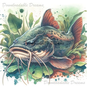 20 Paquete de imágenes prediseñadas de acuarela de bagre - Dentro y fuera del agua Flathead Channel Imagen digital de alta calidad Descargar derechos comerciales Wall Art