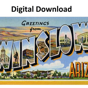 Saudações de Winslow Arizona Cartão postal vintage - Download digital para impressão - Carta grande antiga imagem dos anos 1930-40 Cartão postal de lembrança antiga
