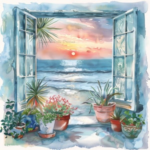 12 Serene Beach House Ventana Acuarela Escenas Clipart Paquete Alta Calidad Descargar Derechos Comerciales Invitación Diario Seaside Ocean Art