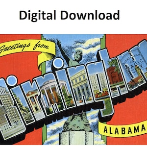 Saluti da Birmingham Alabama Vintage Postcard Style #3 - Download stampabile digitale - Lettera grande antica degli anni '30 e '40 Immagine Vecchia cartolina