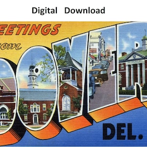 Grüße von Dover Delaware Vintage Postkarte - digital druckbare Download großer Brief Antikes Art-Deco-Bild alte Souvenir-Postkarte