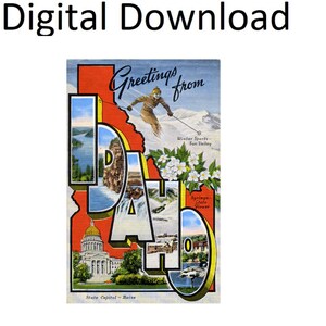 Grüße aus Idaho, Vintage-Postkarte, Stil Nr. 1 – digitaler druckbarer Download – großer Brief, antikes Art-Deco-Bild, alte Souvenir-Postkarte