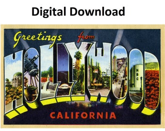 Vintage Hollywood-briefkaart: jaren '30-'40 met grote letters (digitale download)