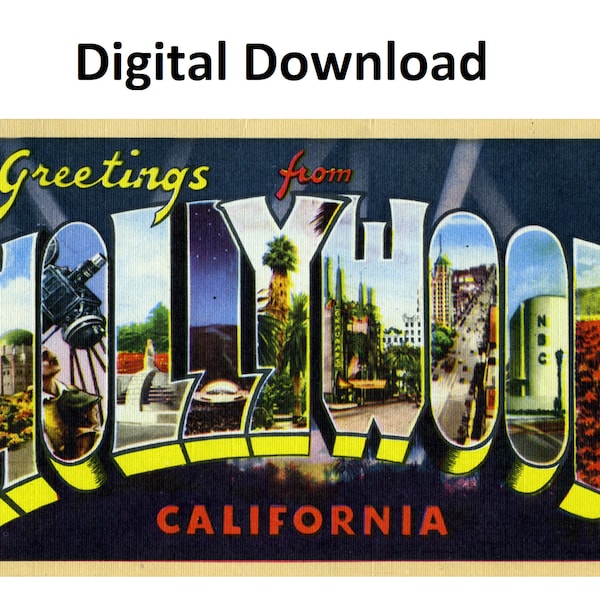 Greetings From Hollywood California Vintage Postcard Style #1 - Digital Printable Download - Large Letter Antique 30s 40s Image Old Postcard