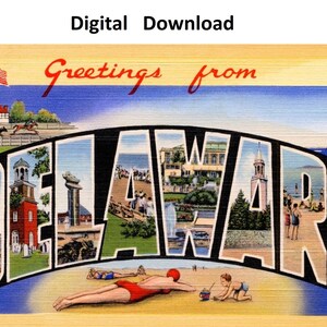 Grüße von Delaware Vintage Postkarte Stil # 2 - Digital Druckbare Download Große Buchstabe Antikes Art-Deco-Bild Alte Souvenir-Postkarte