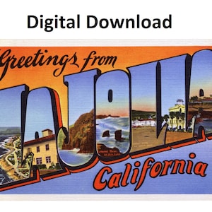 Cartão postal vintage Saudações de La Jolla Califórnia - Download digital para impressão - Letra grande Imagem Art Déco antiga Cartão postal de lembrança antiga