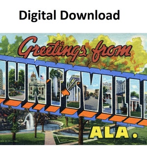 Saluti da Huntsville Alabama Cartolina d'epoca - Download digitale stampabile - Lettera grande antica degli anni '30 e '40 Immagine Vecchia cartolina souvenir