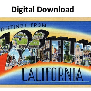 Saudações de Los Angeles Califórnia Cartão postal vintage estilo # 2 - Download digital para impressão - Carta grande Imagem antiga Cartão postal de arte antiga