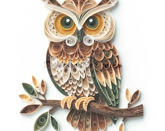 Puede incluir: Un búho marrón y blanco hecho de papel quilling, posado en una rama con hojas verdes. Los ojos del búho son grandes y amarillos, y sus plumas están detalladas con intrincados remolinos.