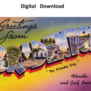 Cartão postal vintage Saudações de Bradenton Flórida - impressão digital Baixar carta grande antiga imagem art déco Cartão postal antigo de lembrança