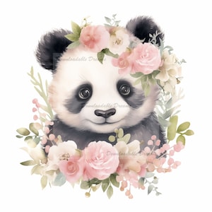 12 Baby Girl Panda Nursery Watercolor Clipart Bundle Scrapbooking Kit Invitations Journals Young Little Girl With Flowers Roses Floral