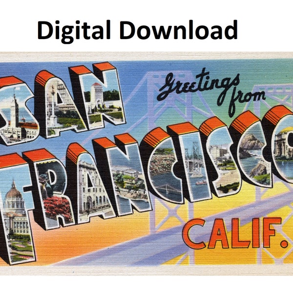 Greetings From San Francisco California Vintage Postcard Style #3 - Digital Printable Download Large Letter Antique Image Old Art Postcard