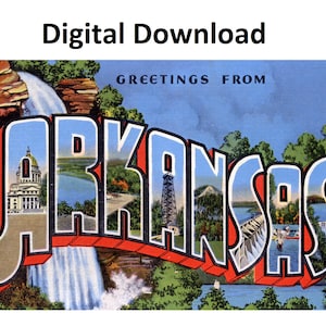 Grüße aus Arkansas Vintage-Postkarte Stil #2 - Digitaler Download zum Ausdrucken - Großer Brief, antikes 1930er-40er-Jahre-Bild, alte Souvenir-Postkarte