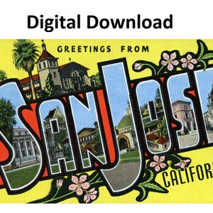 Cartão postal vintage Saudações de San Jose, Califórnia - impressão digital Baixar letra grande antiga imagem Art Déco Cartão postal de lembrança antiga
