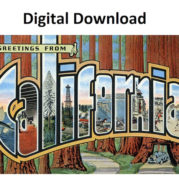 Greetings From California Vintage Postcard Style #4 - Digital Printable Download - Large Letter Antique 30s 40s Image Old Souvenir Postcard