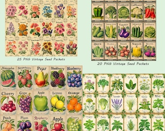 May include: A collection of vintage seed packets featuring colorful illustrations of flowers, fruits, and vegetables. The packets are arranged in a grid, with text indicating the variety of seeds. Includes 25 flower packets, 20 vegetable packets, 15 fruit packets, and 18 herb packets.