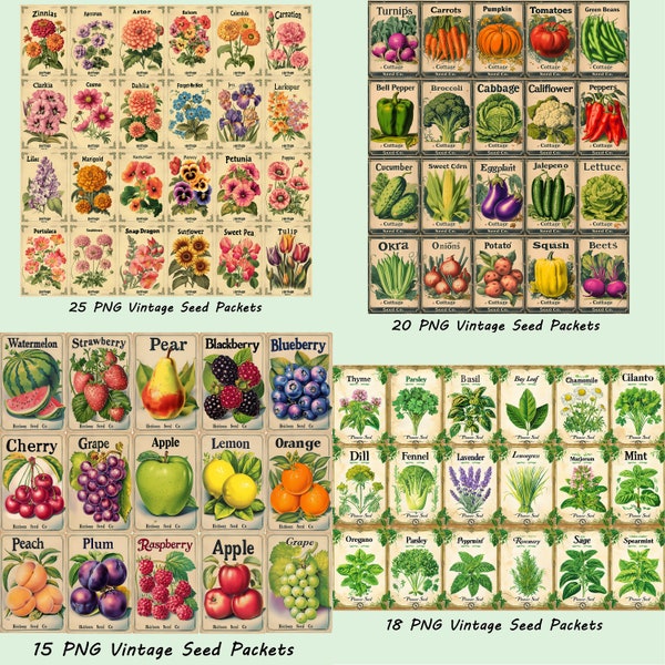 78 Mega Bundle Of Vintage Seed Packet PNG Clipart Bundle Scrapbooking Kit Invitations Journal Cards Retro Antique Packages Fruit Flower Herb