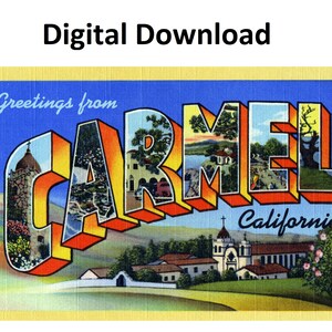Cartão postal vintage Saudações de Carmel Califórnia - Download digital para impressão - Letra grande antiga imagem dos anos 30 e 40 Cartão postal de lembrança antiga
