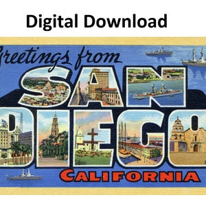 Saudações de San Diego, Califórnia Cartão postal vintage estilo # 4 - Download digital para impressão Download de letras grandes Imagem antiga Cartão postal Art Déco antigo