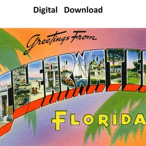 Cartão postal vintage Greetings From Clearwater Florida - impressão digital Baixar letra grande antiga imagem art déco cartão postal antigo de lembrança