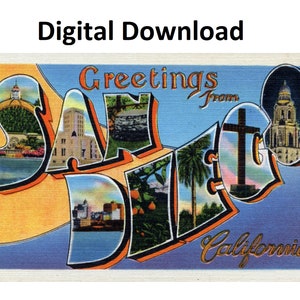 Saudações de San Diego, Califórnia, cartão postal vintage estilo # 3 - download digital para impressão, letra grande, imagem antiga, cartão postal art déco antigo