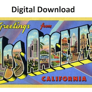 Saudações de Los Angeles Califórnia Cartão postal vintage estilo # 1 - Download digital para impressão - Carta grande Imagem antiga Cartão postal de arte antiga