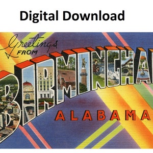 Saluti da Birmingham Alabama Vintage Postcard Style #4 - Download stampabile digitale - Lettera grande antica degli anni '30 e '40 Immagine Vecchia cartolina