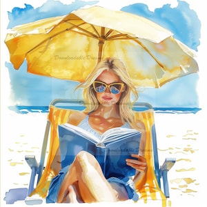 Lot de 15 cliparts aquarelle femmes lisant sur la plage, téléchargement d'images numériques de haute qualité, droits commerciaux, invitations, livres de lecture