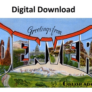 Grüße aus Denver, Colorado, Vintage-Postkarte Nr. 2 – digitaler Download zum Ausdrucken – großer Buchstabe, antikes Art-Deco-Bild, alte Souvenir-Postkarte