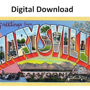 Cartão postal vintage Greetings From Marysville Califórnia - impressão digital Baixar letra grande antiga imagem art déco cartão postal de lembrança antiga