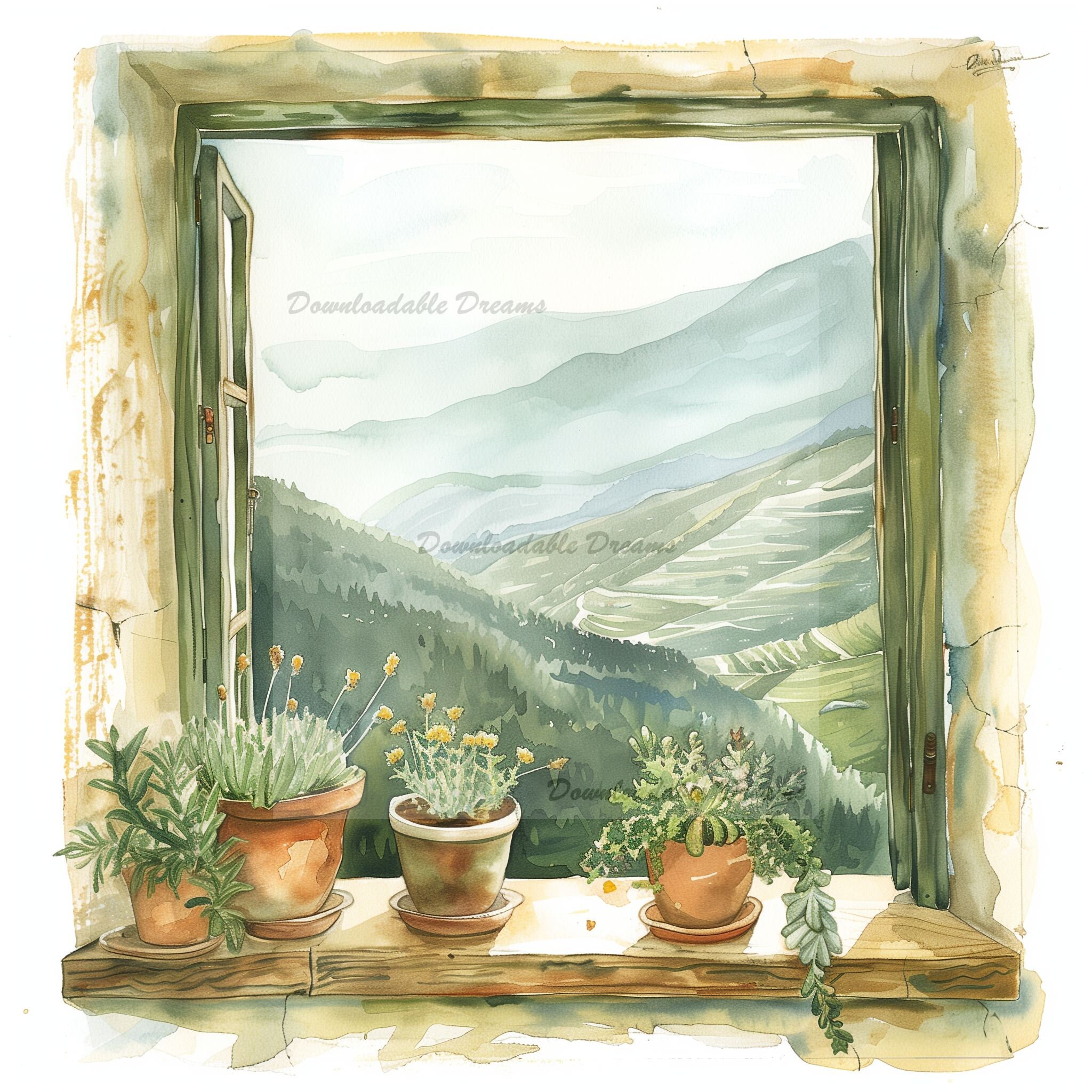 山の景色の水彩画クリップアート：キャビンの窓の風景（デジタル