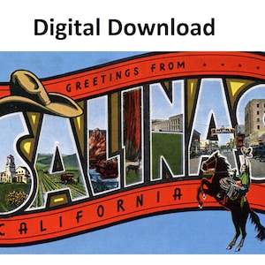 Cartão postal vintage Saudações de Salinas Califórnia - impressão digital Baixar carta grande antiga imagem art déco Cartão postal antigo de lembrança
