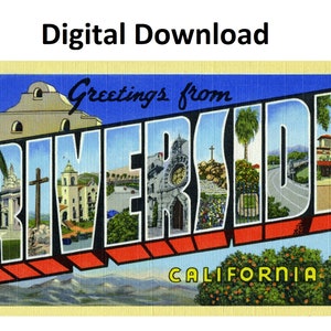 Cartão postal vintage Greetings From Riverside Califórnia - impressão digital Baixar letra grande antiga imagem art déco cartão postal antigo de lembrança