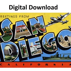 Saudações de San Diego, Califórnia, cartão postal vintage estilo # 1 - download digital para impressão, letra grande, imagem antiga, cartão postal art déco antigo