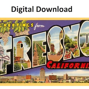 Cartão postal vintage Saudações de Fresno Califórnia - Download digital para impressão - Carta grande antiga imagem dos anos 30 e 40 Cartão postal de lembrança antiga