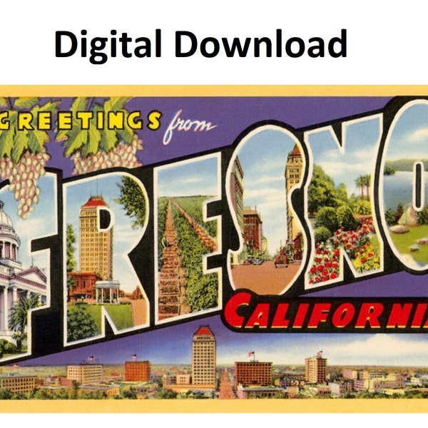 Greetings From Fresno California Vintage Postcard - Digital Printable Download - Large Letter Antique 30s 40s Image Old Souvenir Postcard