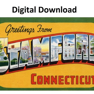 Cartão postal vintage Saudações de Stamford Connecticut - impressão digital Baixar letra grande antiga imagem art déco cartão postal de lembrança antiga