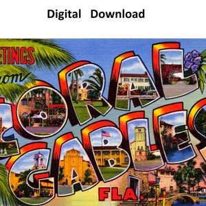 Grüße von Coral Gables Florida Vintage Postkarte - digital druckbare Download großer Brief Antikes Art-Deco-Bild Alte Souvenir-Postkarte