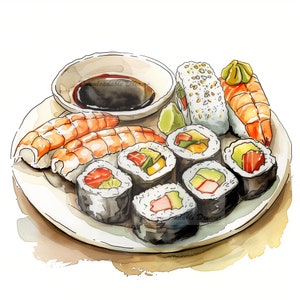 12 delicioso sushi aquarela clipart pacote download instantâneo de alta qualidade direitos comerciais convites diários restaurante chinês frutos do mar